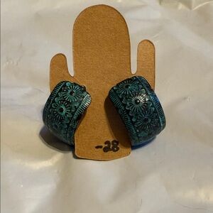 Floral Teal and Black Hoop Earrings